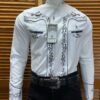 Camisa Charra Caballero Old West Blanca Bordado Espuela Gris