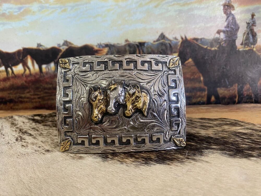 Hebilla Caballero Rectangular Color Plata Antigua Tres Caballos